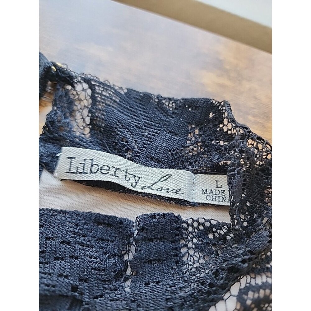 Liberty Love Top Size L black lace with beige underlay high neck cap sleeve y2k